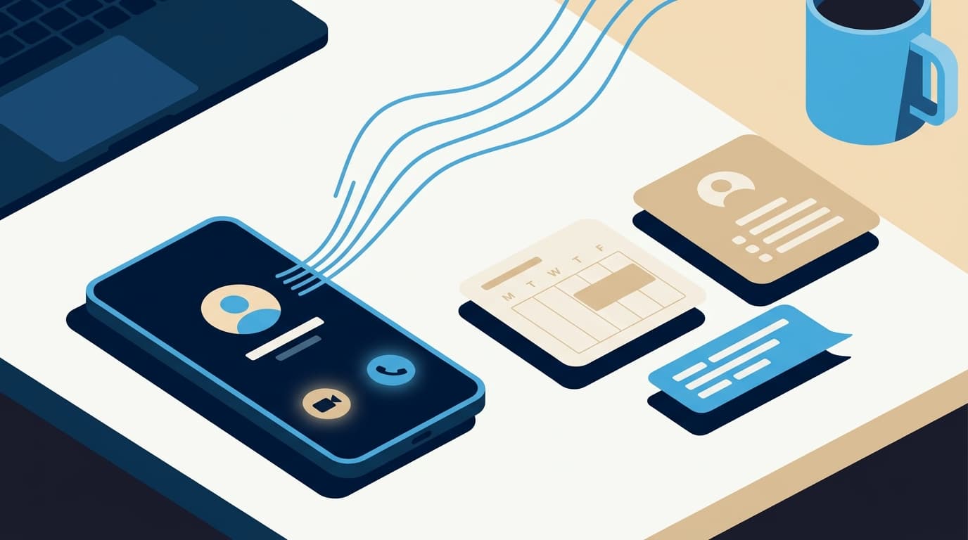 AI Business Assistant: illustration of a smart assistant handling calls, calendar booking, and contact records on a phone
