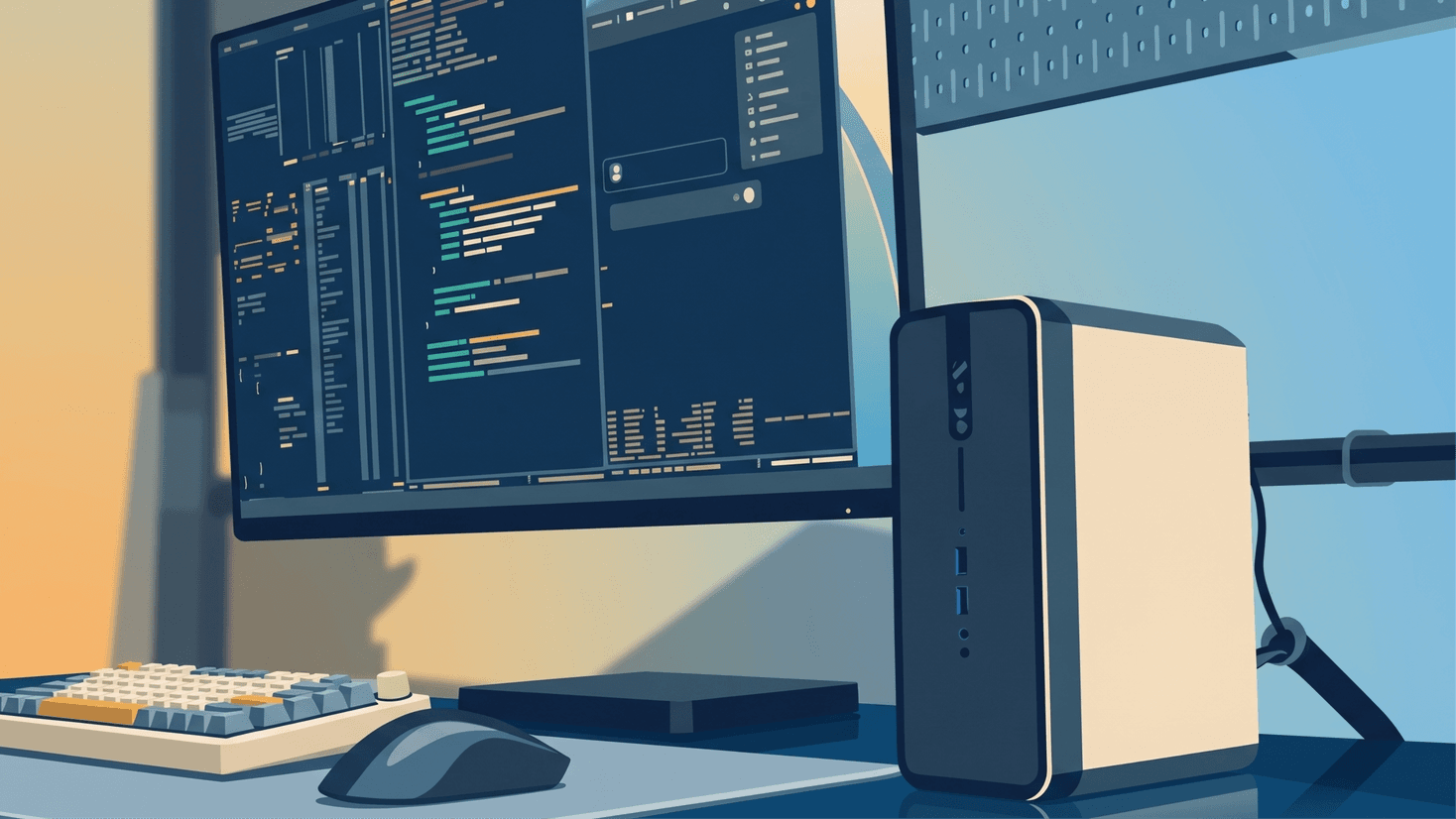 Sovereign AI Workstation: compact AI-optimized workstation on a desk next to a monitor running local code