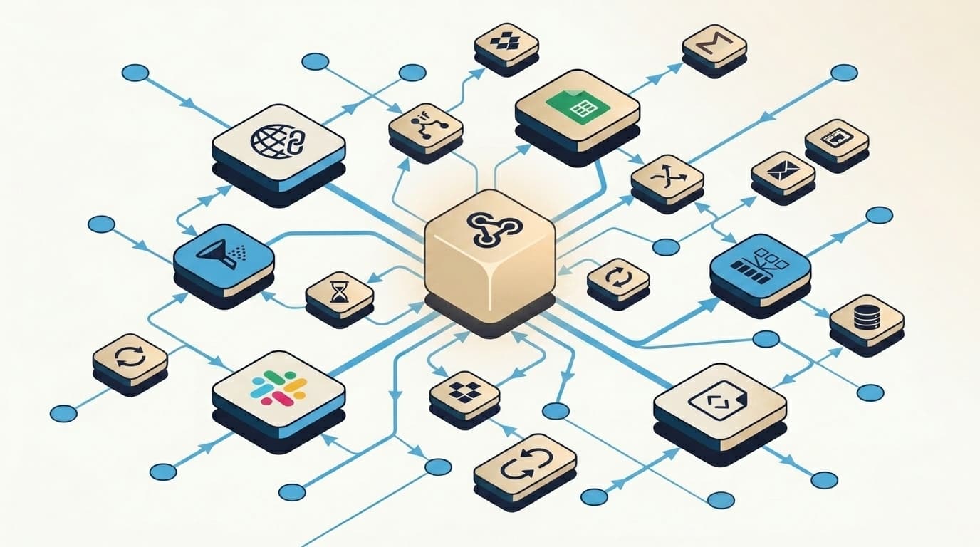 Workflow OS: network diagram showing CRM, accounting, comms, and calendar systems connected through a central integration layer
